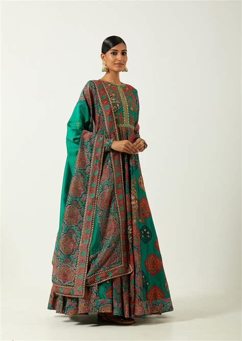 Blue Green Chanderi Anarkali Set – Debyani