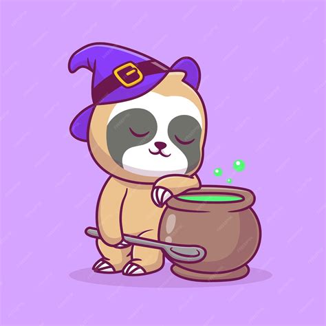 Cute sloth witch cooking with cauldron cartoon vector icon illustration ...