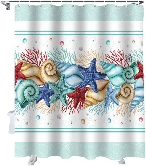 Amazon.com: Coastal Beach Shower Curtain, Nautical Ocean Seashell Coral ...
