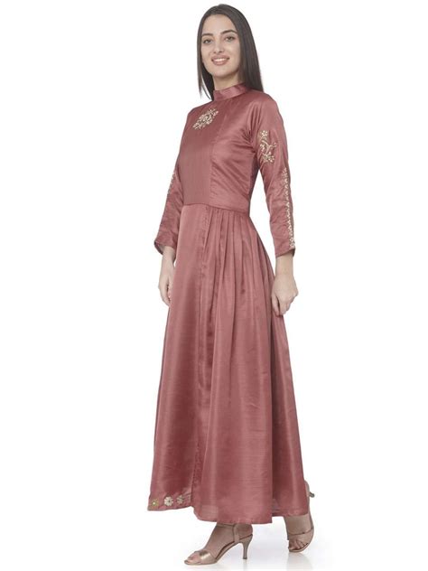 Wine Embroidered Satin Silk A-Line Dress-100756