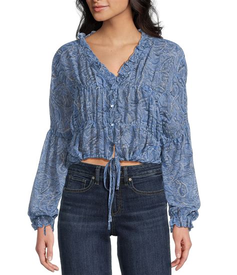 Emory Park Paisley Printed V-Neck Button Front Long Sleeve Cinched Hem ...