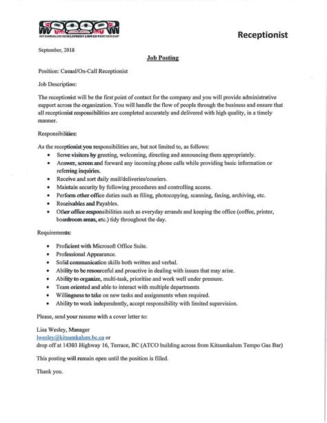 Image result for Job Advert for Receptionist