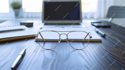 Premium Photo | Glasses on desk with laptop and notebook in background