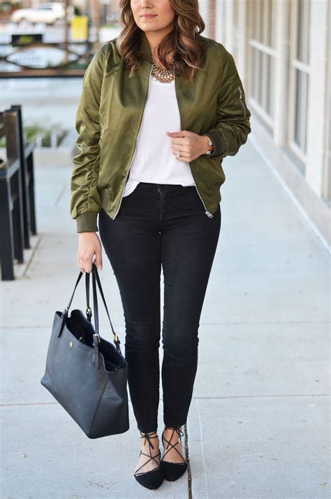 satin bomber jacket outfit idea - green bomber jacket with white tee ...