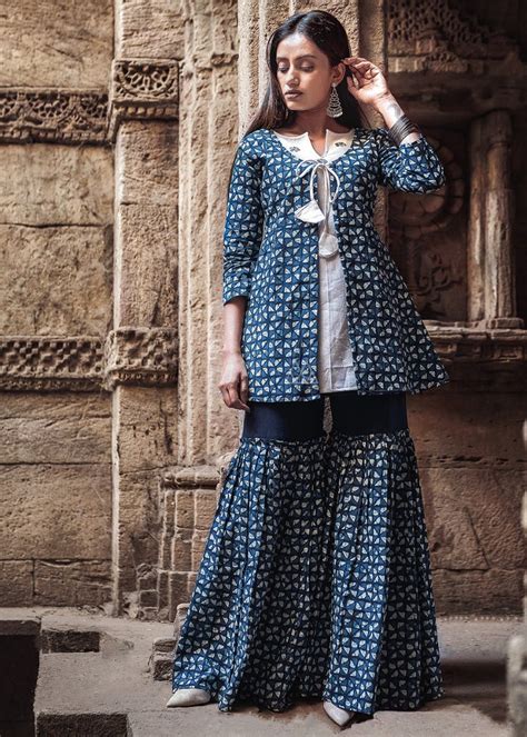 Get Hand Print Tassel Drop Indigo Sharara Set at ₹ 2190 | LBB Shop