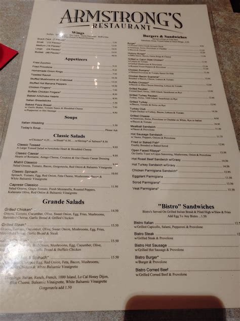 Menu at Armstrong's restaurant, Pittsburgh