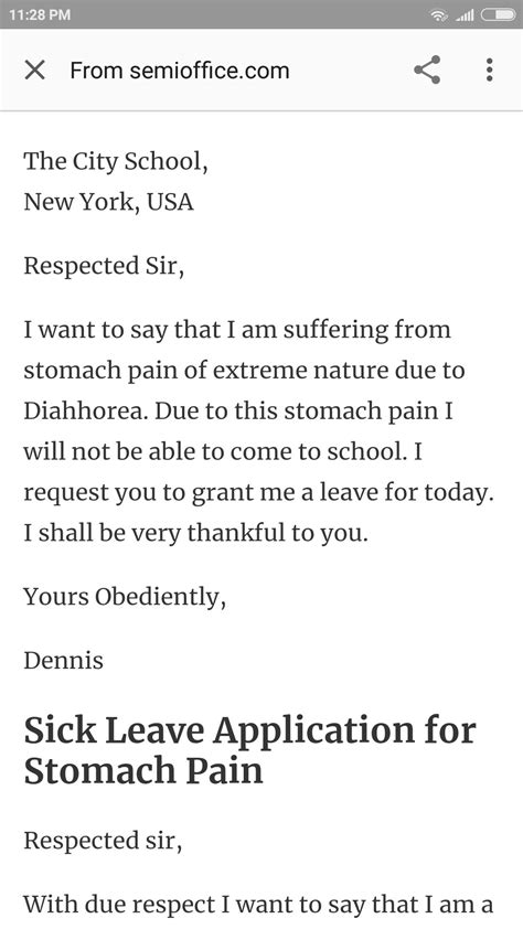 Write an application for 4 days absent in school due to stomach problem ...