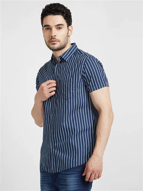 Spykar Men Teal Blue Poplin Slim Fit Half Sleeve Striped Shirt