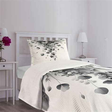 Ambesonne Black and White Bedspread Set Eucalyptus Bouquet White Grey ...