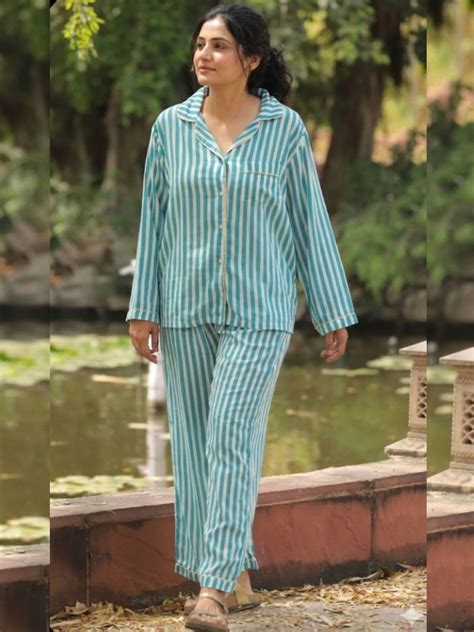 Classic Turquoise Striped Cotton Nightwear for Women – Relaxed Fit Paj ...