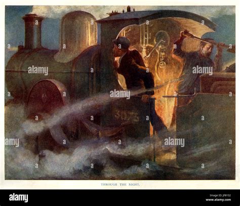 Men shovelling coal into the furnace as the train drives through the night. Illustration to 'The ...