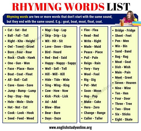 Words that Rhyme: Definition, List of Rhyming Words and Examples ...