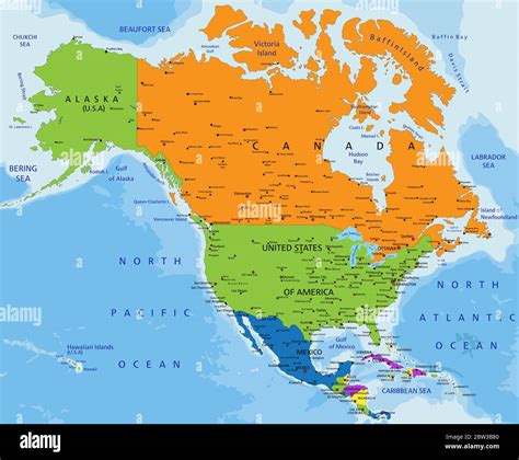 Colorful North America political map with clearly labeled, separated ...