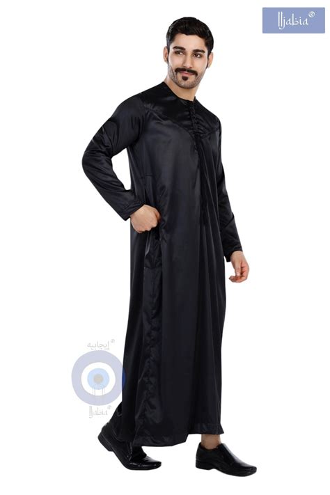 Indian Shiny Fabric Emirati Mens Omani Thobe - Full Sleeves - Black ...