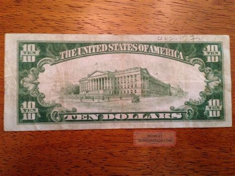 1934 $10 Us Bill Green Seal York Look