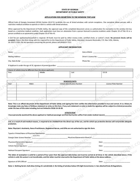Georgia Window Tint Exemption Form For Tennessee | US Legal Forms