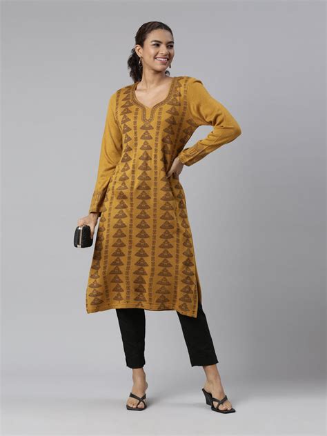 Neerus Women Mustard Yellow Ethnic Motifs Printed Winter Wear Kurta ...