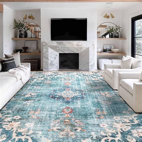 Amazon.com: Bloom Rugs Caria Washable Non-Slip 9x12 Rug - Teal/Ivory ...