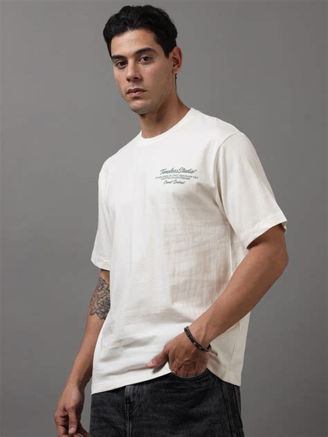 ARDEUR Men Graphic Printed Relaxed Fit Drop Shoulder T-Shirt - Off Whi ...