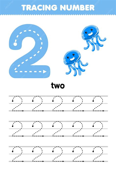 Premium Vector | Education game for children tracing number two with cute cartoon jellyfish ...