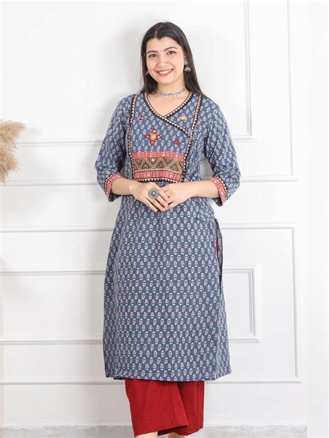 Ghoomer Denim Blue Angrakha Style Neck Work Print Cotton Kurti-D6 ...