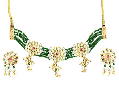 Buy fabula by OOMPH Jewellery Green Beads Kundan & Pearls Ethnic Choker ...