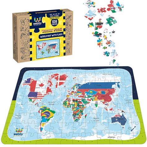 Webby World Map with Flags Wooden Jigsaw Puzzle, 108 Pieces – Webby Toys