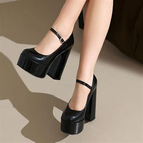 Women's Burgundy Patent Leather Platform Mary Jane Heels - Chunky High ...