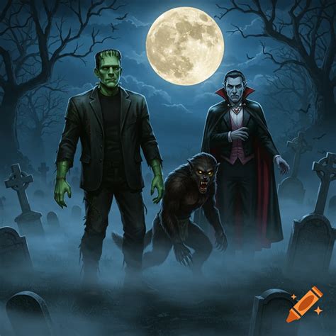 Frankenstein's monster, Dracula, and a werewolf stand in a foggy ...