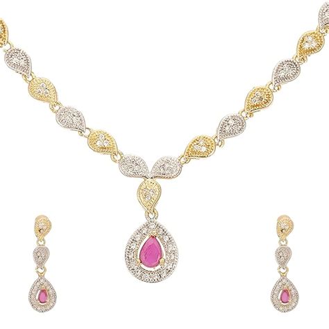 Buy ZENEME Jewellery Set Gold Plated Glossy American Diamond Necklace ...