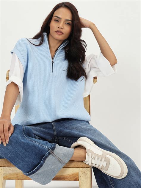 Light Blue Half Zipper Sweater Vest