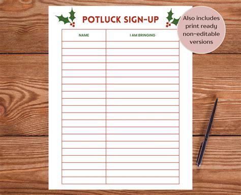 Editable Christmas Potluck Sign Up Sheet Potluck Sign Up Sheet Workwork Potluck Sign Up Sheet
