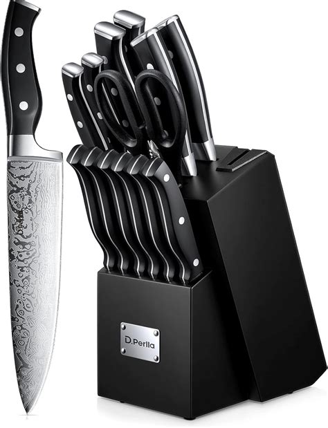 D.Perlla Knife Set, 14-Piece Kitchen Knife Set with Wooden Block, High ...