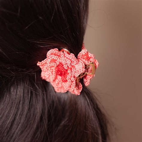 Buy Handmade Crochet Guncha Peach Dahlia Hair Clutch Online On Zwende