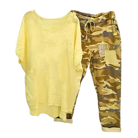 Txeol Two Piece Sets for Women Linen Plus Size Vacation Outfits Half Sleeve Camouflage Pants ...