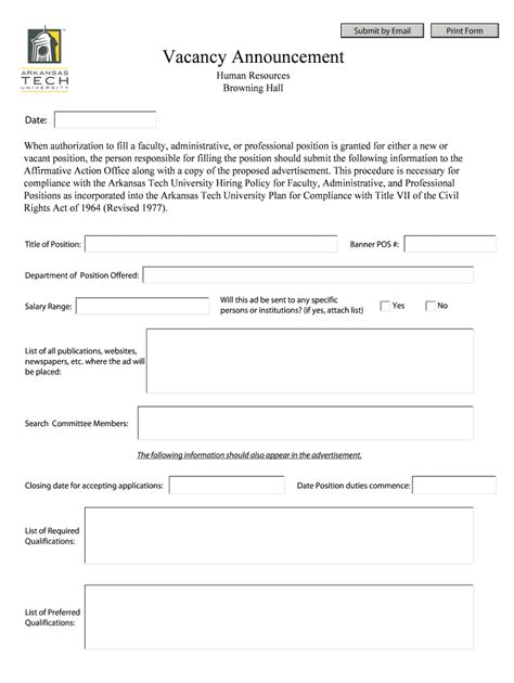 Fillable Online atu Vacancy Announcement - Arkansas Tech University Fax ...