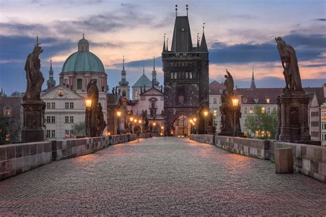 Charles Bridge at Sunrise, Old Town Tower, Prague - Stock Photo ...