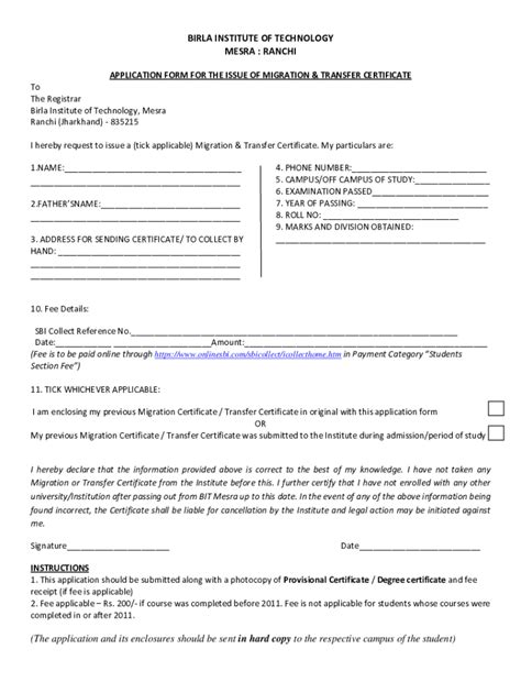Fillable Online application form for the issue of migration & transfer ...