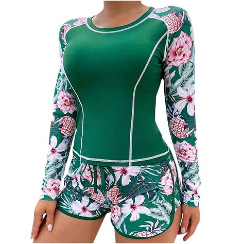 Qeaghou Womens Swimsuits Two Piece Rash Guard Long Sleeve Bathing Suits ...