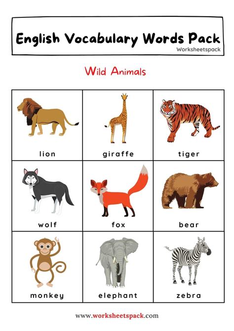 Animal vocabulary words for kids - worksheetspack