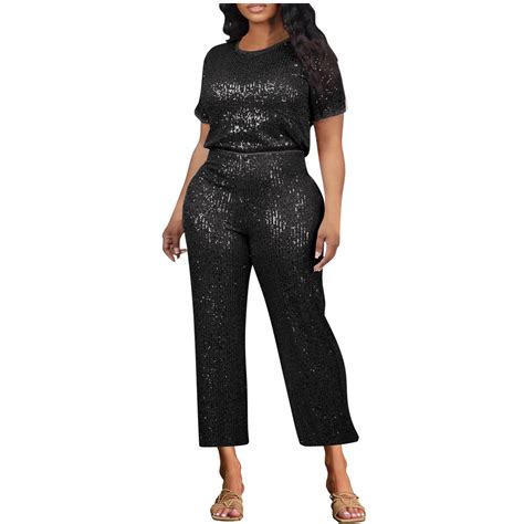 Xdegoge Women Pants Sets Clothing Glitter Sequin Two Piece Evening ...