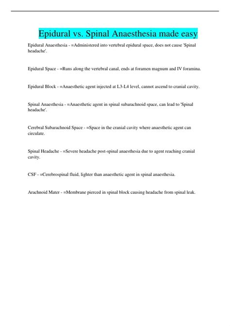 Epidural vs. Spinal Anaesthesia made easy - Epidural vs. Spinal - Stuvia US