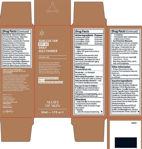DailyMed - ALLIES OF SKIN SUNLESS TAN SPF 50 DAILY SELF TANNER- avobenzone, homosalate ...