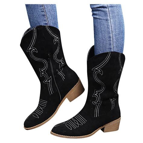 Oyedens Mid Calf Cowboy Boots for Women Retro Pointed Toe Wide Calf ...