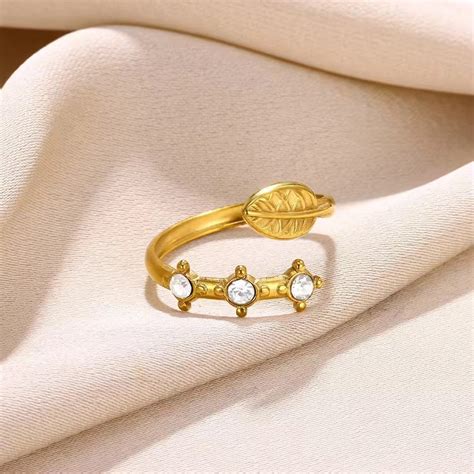 SS 256 Leaf Zircon ring adjustable- 18k gold plated stainless steel ...