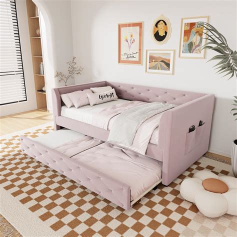 Amazon.com: Velvet Tufted Daybed with Pull-out Trundle Bed Underneath ...