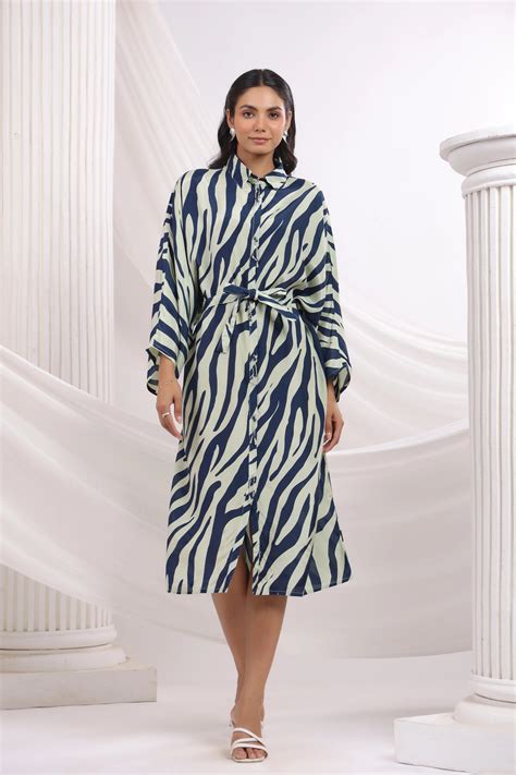 Navy Blue & Off-White Abstract Stripe Tie-Front Midi Dress – Kaftanize