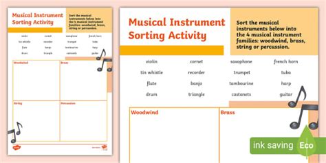 Music Instrument Families Sorting Worksheet