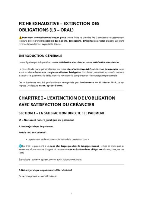 Fiche de Révision : Extinction des Obligations (L3 Oral) - Studocu