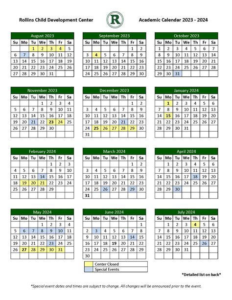 School Calendar – Rollins Child Development Center